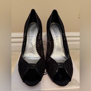 White House Black Market Black Lace Peep Toe Heels